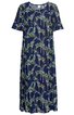 Dunkelblaues Midikleid mit buntem Paisley-Muster, kurzer Glockenärmel, rundem Ausschnitt, gerade geschnitten