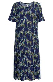 Dunkelblaues Midikleid mit buntem Paisley-Muster, kurzer Glockenärmel, rundem Ausschnitt, gerade geschnitten