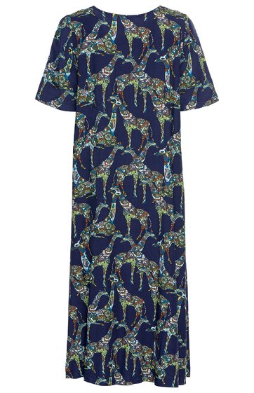 Dunkelblaues Midikleid mit buntem Leopardenmuster in Grün, Blau und Braun, kurzer Ärmel, rundem Ausschnitt, lockere Passform, leicht ausgestellter Rock