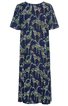 Dunkelblaues Midikleid mit buntem Leopardenmuster in Grün, Blau und Braun, kurzer Ärmel, rundem Ausschnitt, lockere Passform, leicht ausgestellter Rock