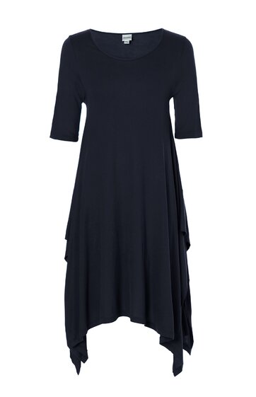 Dunkelblaues asymmetrisches Kleid ohne Muster, Rundhalsausschnitt, halblange Ärmel, locker fallend mit zipfeligem Saum