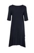 Dunkelblaues Kleid, einfarbig, schlichter Rundhalsausschnitt, halblange Ärmel, locker fallende A-Linie, knielang, ohne Muster oder Verzierung