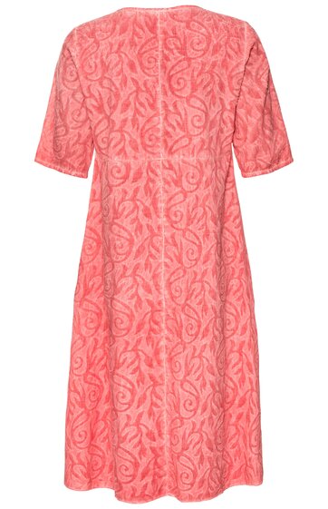 Korallenrotes Kleid mit floraler Musterung, Halbarm, Rundhalsausschnitt, tailliert, ausgestellter Rock, Rückansicht