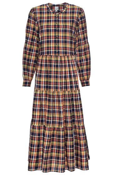 Langärmeliges Midikleid in Dunkelblau und Gelb kariert, rundhals, Knopfleiste am Oberteil, lockere, gestufte Rockpartie, elastische Ärmelbündchen