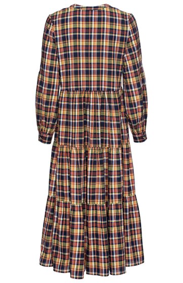 Langarmkleid in Dunkelblau, Rot und Gelb kariert, mit Stufenrock, Rundhalsausschnitt, elastische Ärmelabschlüsse, lockere Passform, knöchellang