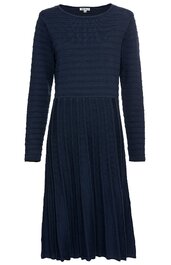 Dunkelblaues Kleid mit langen Ärmeln, geripptes Oberteil, rundem Halsausschnitt, Faltenrock, knieumspielende Länge