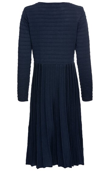 Dunkelblaues Kleid, langärmlig, Oberteil mit horizontalem Steppmuster, Rockteil plissiert, knielang, Rundhalsausschnitt, Rückenansicht