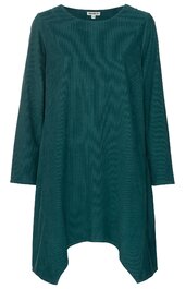 Dunkelgrünes, langärmliges Kleid mit rundem Ausschnitt, asymmetrischem Saum, ausgestellter Form, ohne Muster oder Verzierungen