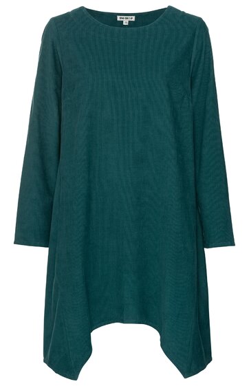 Dunkelgrünes, langärmliges Kleid mit rundem Ausschnitt, asymmetrischem Saum, ausgestellter Form, ohne Muster oder Verzierungen