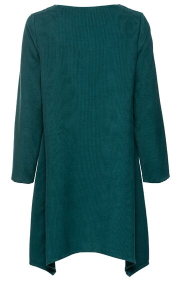 Damenmantel in dunklem Petrol, einfarbig, langer Schnitt mit schrägem Saum, lange Ärmel, Rückansicht ohne sichtbare Verschlüsse oder Taschen