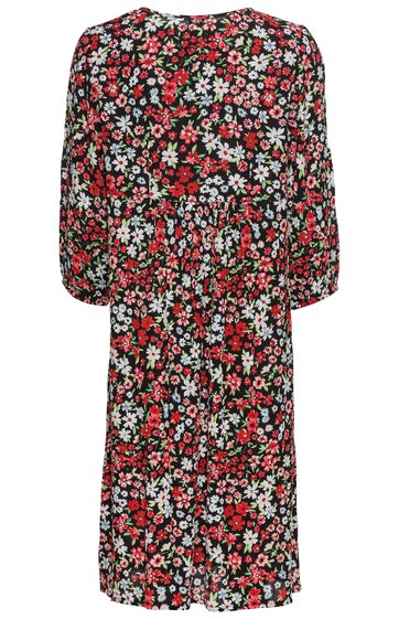 Midikleid in Schwarz mit rotem und weißem Blumenmuster, Rundhalsausschnitt, dreiviertel lange Ärmel, taillierte Form, Rückenansicht