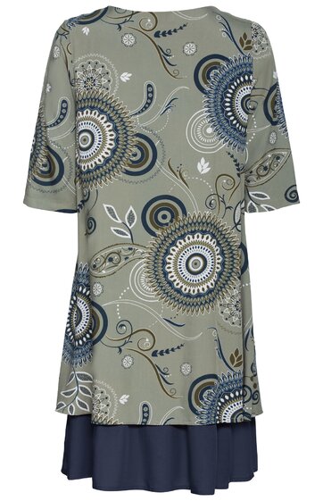 Zweiteiliges Kleid mit langem, locker fallendem, graugrünem Oberteil mit dunkelblauen, weißen und beigen großen floral-orientalischen Mustern, Rundhalsausschnitt, dreiviertellangen Ärmeln, unterer dunkelblauer, glatter, knielanger Rock