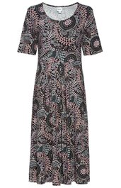 Kleid in Schwarz mit rosa und weißen kreisförmigen Mustern, Kurzarm, Rundhalsausschnitt, knielang, ausgestellte Form