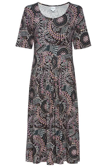 Kleid in Schwarz mit rosa und weißen kreisförmigen Mustern, Kurzarm, Rundhalsausschnitt, knielang, ausgestellte Form