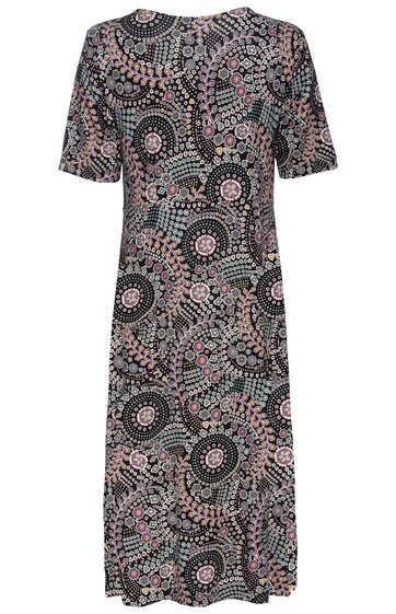 Midikleid in Schwarz mit rosa und grauen kreisförmigen Mustern, Rundhalsausschnitt, kurze Ärmel, gerade geschnitten