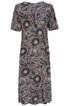 Midikleid in Schwarz mit rosa und grauen kreisförmigen Mustern, Rundhalsausschnitt, kurze Ärmel, gerade geschnitten