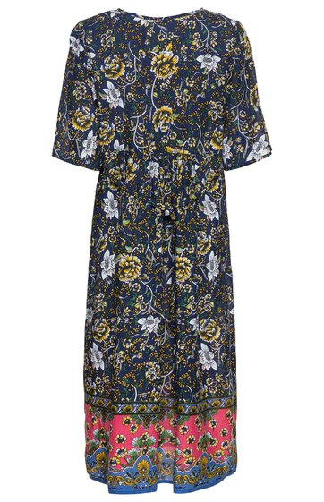 Knielanges Kleid, dunkelblau mit floralem Muster in Weiß, Gelb und Hellblau, Kurzarm, Rundhalsausschnitt, Tailliert mit leichtem Faltenwurf, pinke und blaue Bordüre mit Blumenmuster am Saum