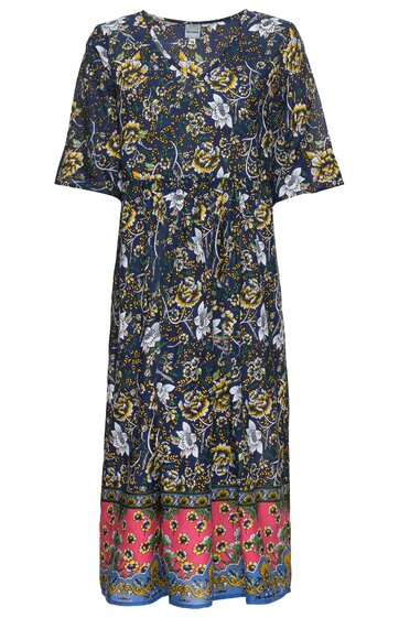 Midikleid in Marineblau mit floralem Muster in Gelb, Weiß und Hellblau, V-Ausschnitt, kurze Ärmel, Taillenschnürung, roter Saum mit blauem und floralem Bordürendruck
