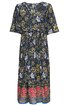 Midikleid in Marineblau mit floralem Muster in Gelb, Weiß und Hellblau, V-Ausschnitt, kurze Ärmel, Taillenschnürung, roter Saum mit blauem und floralem Bordürendruck
