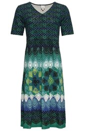 Knieumspieltes Kleid in dunkelgrün und blau mit geometrischem Muster, V-Ausschnitt, kurze Ärmel, tailliert mit elastischem Bund