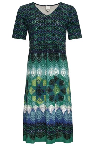 Knieumspieltes Kleid in dunkelgrün und blau mit geometrischem Muster, V-Ausschnitt, kurze Ärmel, tailliert mit elastischem Bund