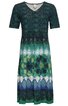 Knieumspieltes Kleid in dunkelgrün und blau mit geometrischem Muster, V-Ausschnitt, kurze Ärmel, tailliert mit elastischem Bund