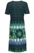 Kleid in Dunkelgrün und Blau mit floralem und geometrischem Muster, kurze Ärmel, Rundhalsausschnitt, knielang, gerade geschnitten