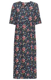 Dunkelblaues Midikleid mit buntem Blumenmuster, rundem Ausschnitt, halblange Ärmel, gerade Form