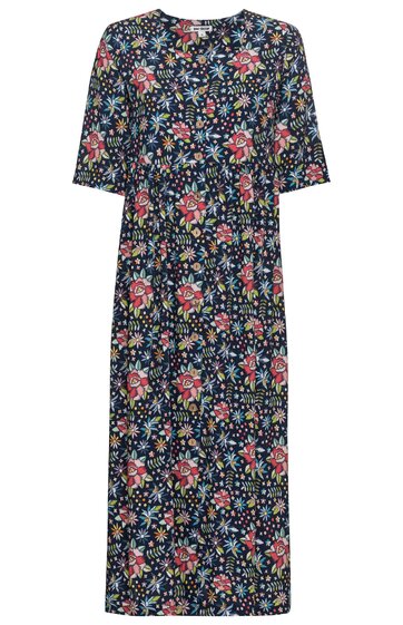 Dunkelblaues Midikleid mit buntem Blumenmuster, rundem Ausschnitt, halblange Ärmel, gerade Form