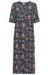 Dunkelblaues Midikleid mit buntem Blumenmuster, rundem Ausschnitt, halblange Ärmel, gerade Form