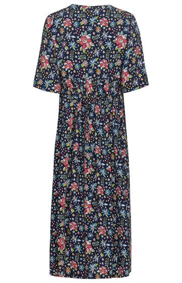 Schwarzes Midikleid mit buntem Blumenmuster, rundem Halsausschnitt, halblangen Ärmeln, tailliert mit Gummizug, ausgestellter Rock, ohne sichtbare Verschlüsse