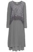 Graues Kleid mit langem Ärmel, Spitze im Oberteil, Rundhalsausschnitt, asymmetrischer Saum mit Lagen, locker fallend