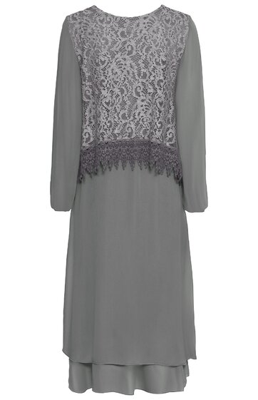 Graues Langarmkleid mit Spitzenmuster auf Oberteil und Saum, rundem Ausschnitt, zwei Lagen Rock, gerade geschnitten