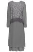 Graues Langarmkleid mit Spitzenmuster auf Oberteil und Saum, rundem Ausschnitt, zwei Lagen Rock, gerade geschnitten