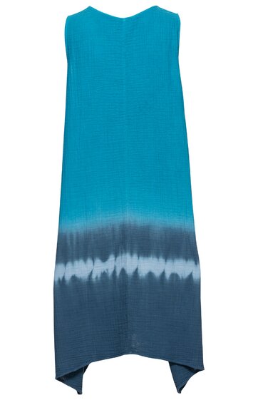 Ärmelloses Kleid in Türkis mit dunkelblauem Batik-Verlauf, Rundhalsausschnitt, locker fallende Form, asymmetrischer Saum, ohne sichtbare Verschlüsse