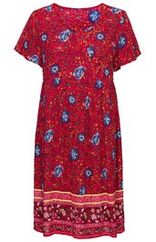 Rotes Kleid mit blauem Blumenmuster, kurze Fledermausärmel, V-Ausschnitt, knielang, gerader Schnitt, bunte Bordüre am Saum