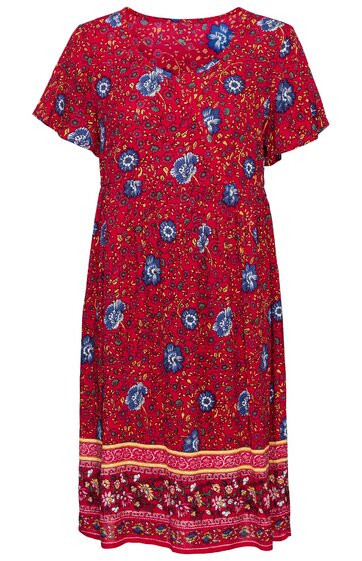 Rotes Kleid mit blauem Blumenmuster, kurze Fledermausärmel, V-Ausschnitt, knielang, gerader Schnitt, bunte Bordüre am Saum