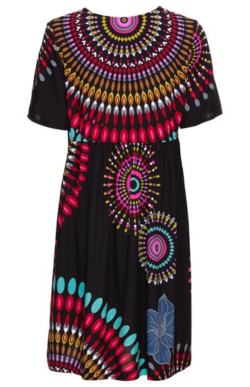 Schwarzes Kleid mit buntem, kreisförmigem Muster in Pink, Gelb, Blau und Rot, kurze Ärmel, runder Ausschnitt, knielang, taillierter Schnitt