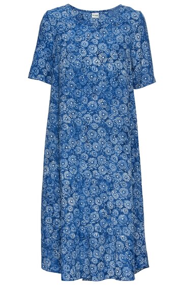 Blaues Kleid mit weißem Blumenmuster, kurze Ärmel, rundhals, knielang, lockere Passform