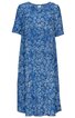 Blaues Kleid mit weißem Blumenmuster, kurze Ärmel, rundhals, knielang, lockere Passform