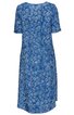 Blaues Kleid mit weißen, floralen Mustern, rundem Ausschnitt, halblangen Ärmeln, knielang, gerade geschnitten