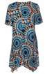 Kurzarmkleid in Dunkelblau, Orange und Weiß mit kreisförmigem Ethno-Muster, Rundhalsausschnitt, asymmetrischer Saum mit Bindebändern
