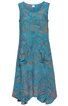 Ärmelloses Kleid in türkis mit orangefarbenem abstraktem Muster, rundem Ausschnitt, asymmetrischer Saum, seitliche Eingrifftaschen, lockere Passform