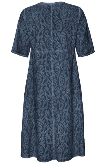 Dunkelblaues Kleid mit dunkelblauem abstraktem Muster, Halbarm, knielang, Rückenansicht, locker geschnitten