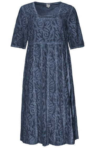 Dunkelblaues Kleid mit floralem Muster, rundem Ausschnitt, halblangen Ärmeln, lockerer, ausgestellter Schnitt, knielang