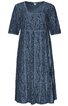 Dunkelblaues Kleid mit floralem Muster, rundem Ausschnitt, halblangen Ärmeln, lockerer, ausgestellter Schnitt, knielang