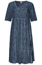 Dunkelblaues Kleid mit floralem Muster, rundem Ausschnitt, halblangen Ärmeln, lockerer, ausgestellter Schnitt, knielang