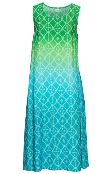 Ärmelloses Übergangskleid in Grün und Türkis mit weißem Rautenmuster, Rundhalsausschnitt, knielang, leichter A-Linie, ohne sichtbare Verschlüsse