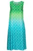 Ärmelloses Übergangskleid in Grün und Türkis mit weißem Rautenmuster, Rundhalsausschnitt, knielang, leichter A-Linie, ohne sichtbare Verschlüsse