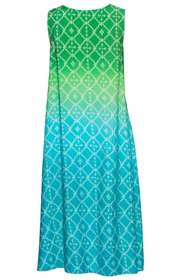 Ärmelloses Kleid in Grün und Türkis mit geometrischem Muster, rundem Halsausschnitt, knielang, ausgestellte Form